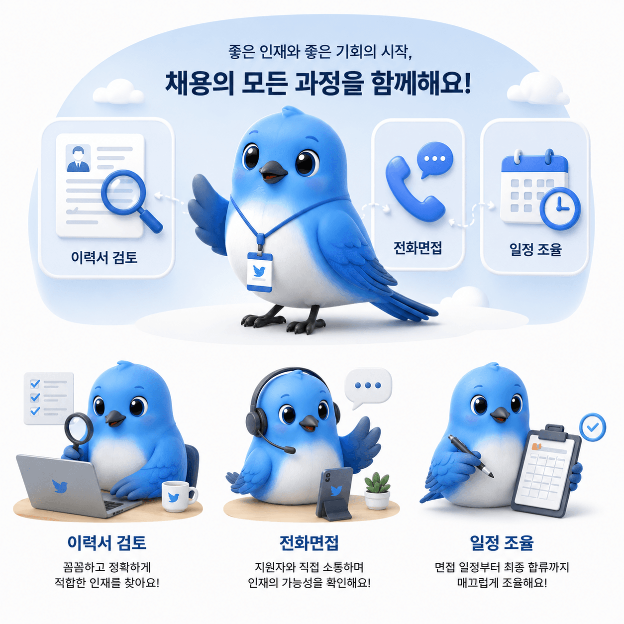 이력서 검토 · 전화면접 · 일정 조율 — Fit-day 채용 과정 일러스트